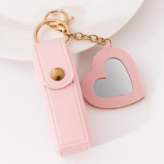 Lipstick Clip Keychain Pendant with Mirror Imitation Leather Lip Gloss Holder Heart-Shaped Pendant Alloy Key Ring