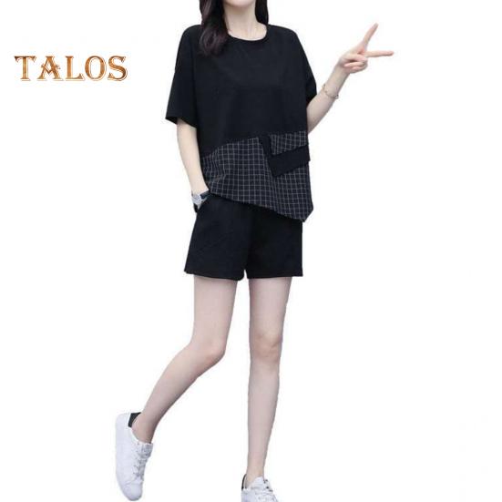 Женский летний комплект из двух предметов: свободный топ с короткими рукавами и круглым вырезом в клетку, широкие шорты, повседневный спортивный костюм для отдыха