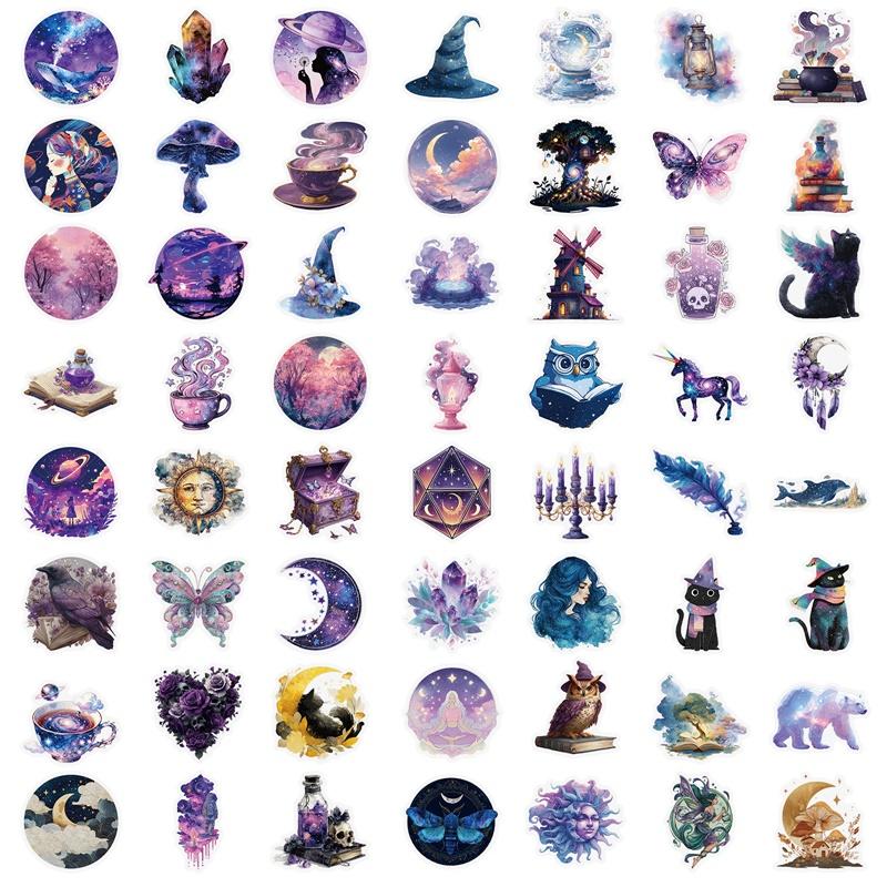 56PCS Kawaii Purple Magic PET Sticky Sticker Aesthetic Tear Open DIY Decoration Scrapbooking School Stationery Supplies