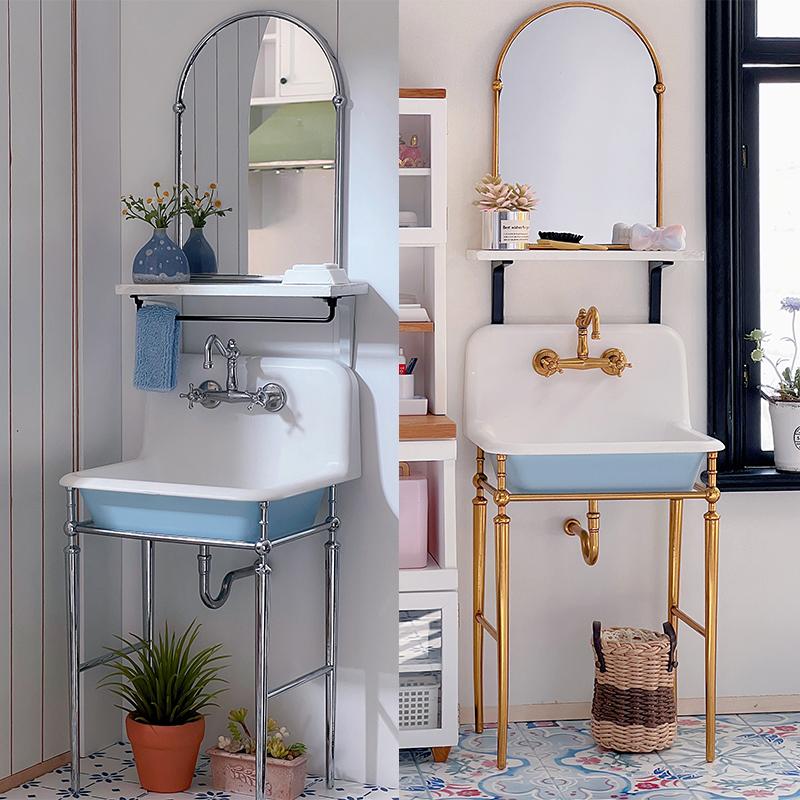 1:6 Dollhouse Miniature Kitchen Sink Lavatory Washbasin Water Faucet Bathroom Mirror Wash Sink Pot Model Diy Furniture Toy Decor
