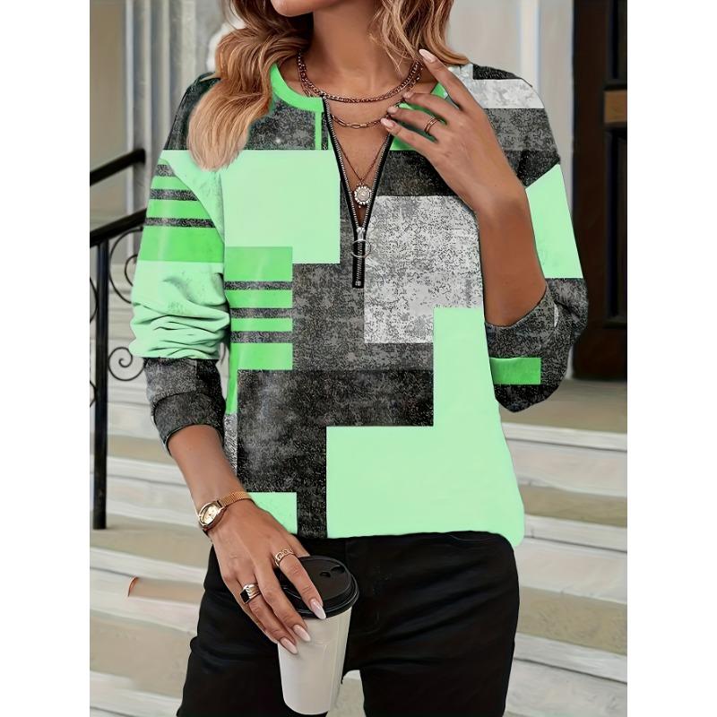 European and American Autumn and Winter Fashion Geometric Print Round Neck Zipper Women's Long Sleeve T-shirt