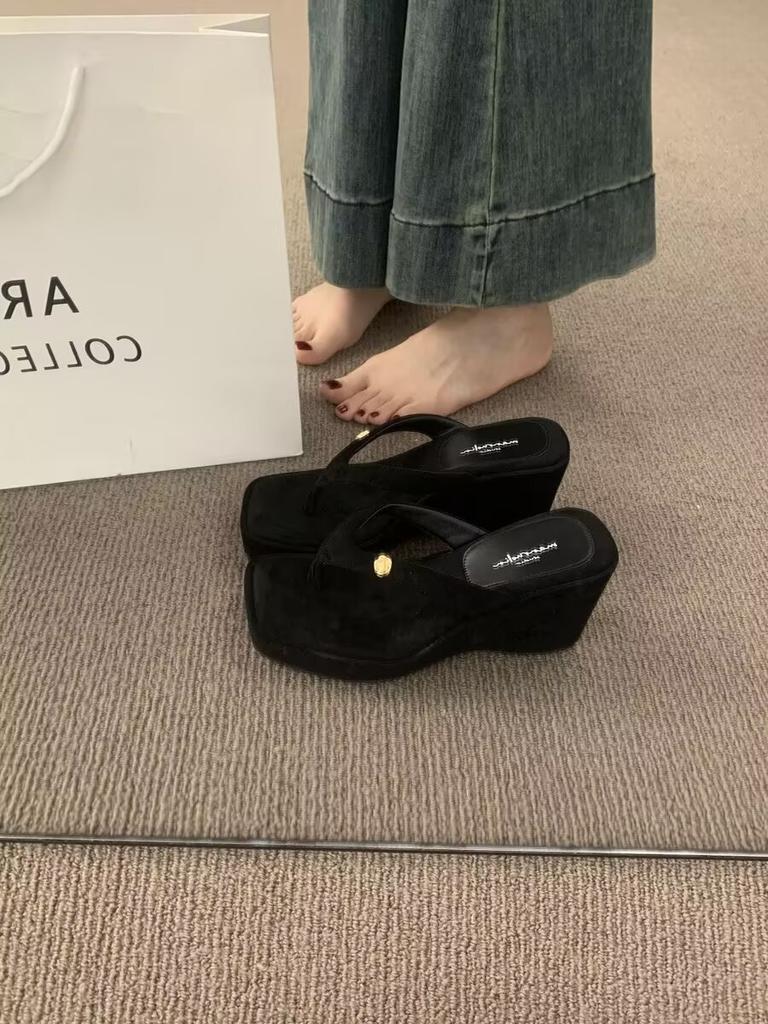 Мода Мода Квадратный носок Клипса Платформа Сандалии Женщина Шик Деним Клиновидные Шлепанцы Дамы Летний Уличный Стиль Толстый Высокий Каблук Шлепанцы