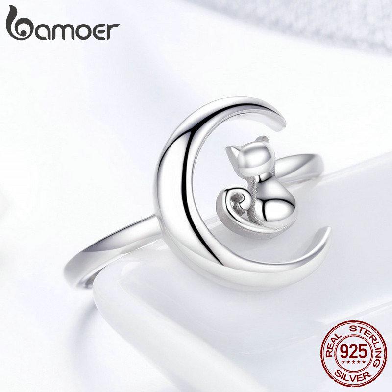 Аутентичные кольца на палец BAMOER из стерлингового серебра 925 пробы с лунным котом и регулируемым размером
