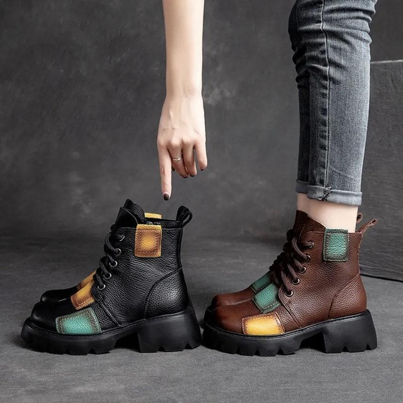 Thick-heeled Boots Women's Spring and Autumn Soft Leather Color Short Boots High-heeled Waterproof Platform Retro Single Boot