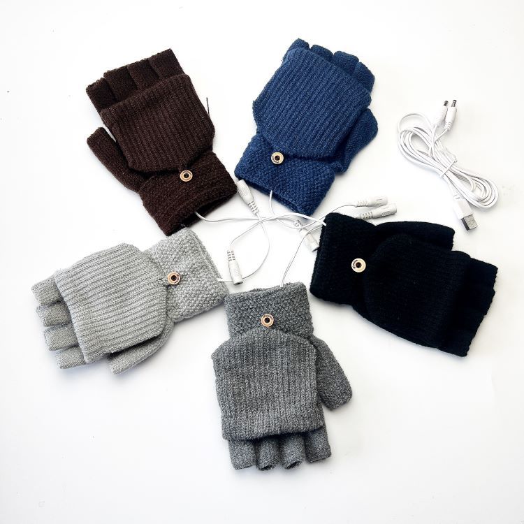USB однотонные электрические перчатки для обогрева, полуручная вязка, качественные утолщенные зимние теплые перчатки для обогрева