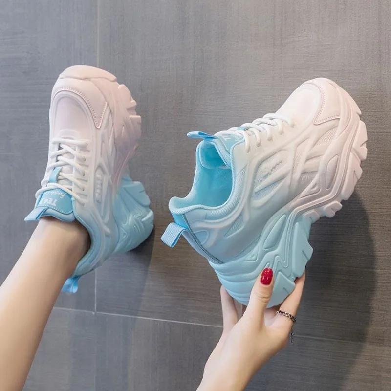 Женские кроссовки смешанных цветов на толстой подошве с дышащей сеткой на шнуровке, спортивная обувь на каждый день