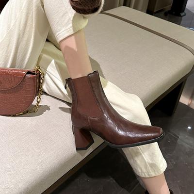 38-Винтажные ботинки Мартин Женские Толстый каблук Осень Квадратный носок Задняя молния Короткие ботинки Женские Ботинки на среднем каблуке