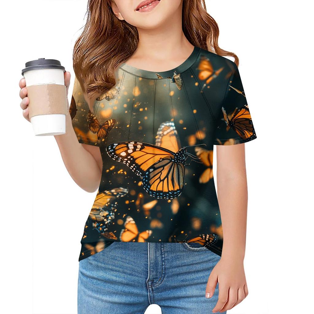 Детская футболка Fold A для девочек, летняя модная куртка с круглым воротником и цветочным принтом с короткими рукавами