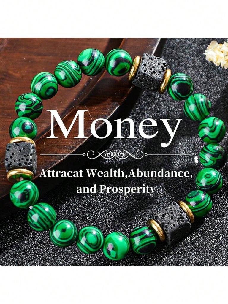 A Money Bracelet Made of Natural Volcanic Stone Emerald Malachite To Attract Wealth Men's Jewelry Bracelet for Daily Wear As a Gift for Friends