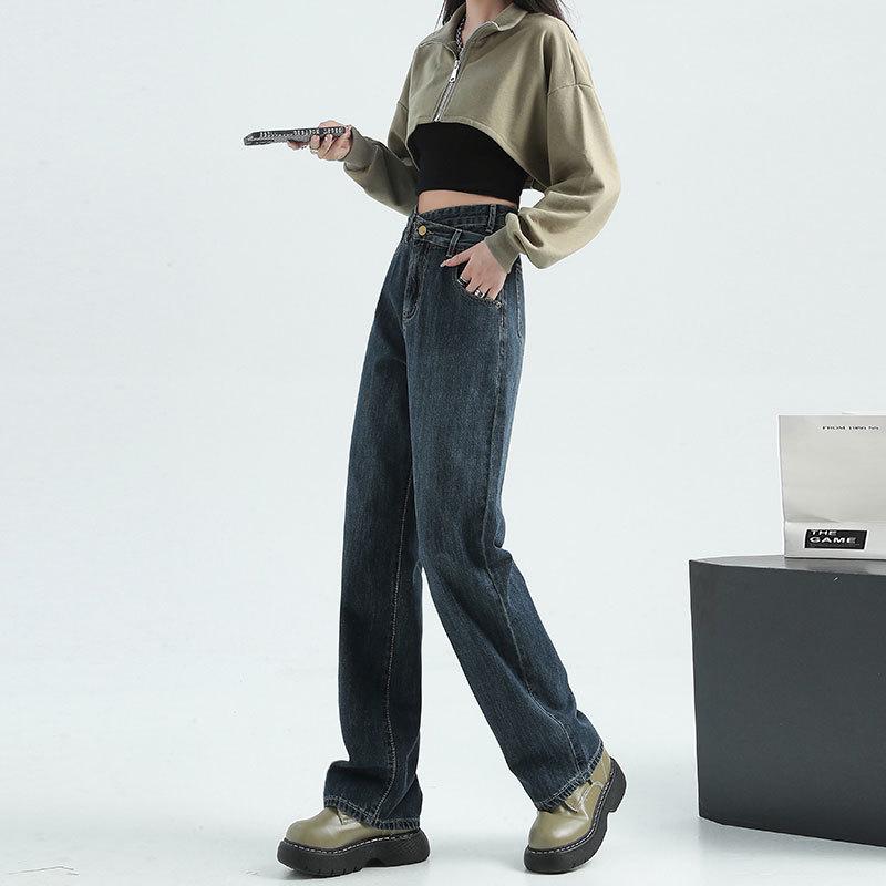 Женские джинсы широкого кроя сине-серого цвета с высокой талией, маленького размера, длиной до пола, с нестандартной косой пряжкой, идеально подходят для весны и осени.