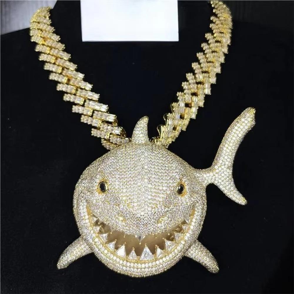 Factory Price Gold Plated Brass 3D Full Body Iced Out Shark Cubic Zirconia Pendant Hip Hop Fashion Necklace Jewelry for Unisex