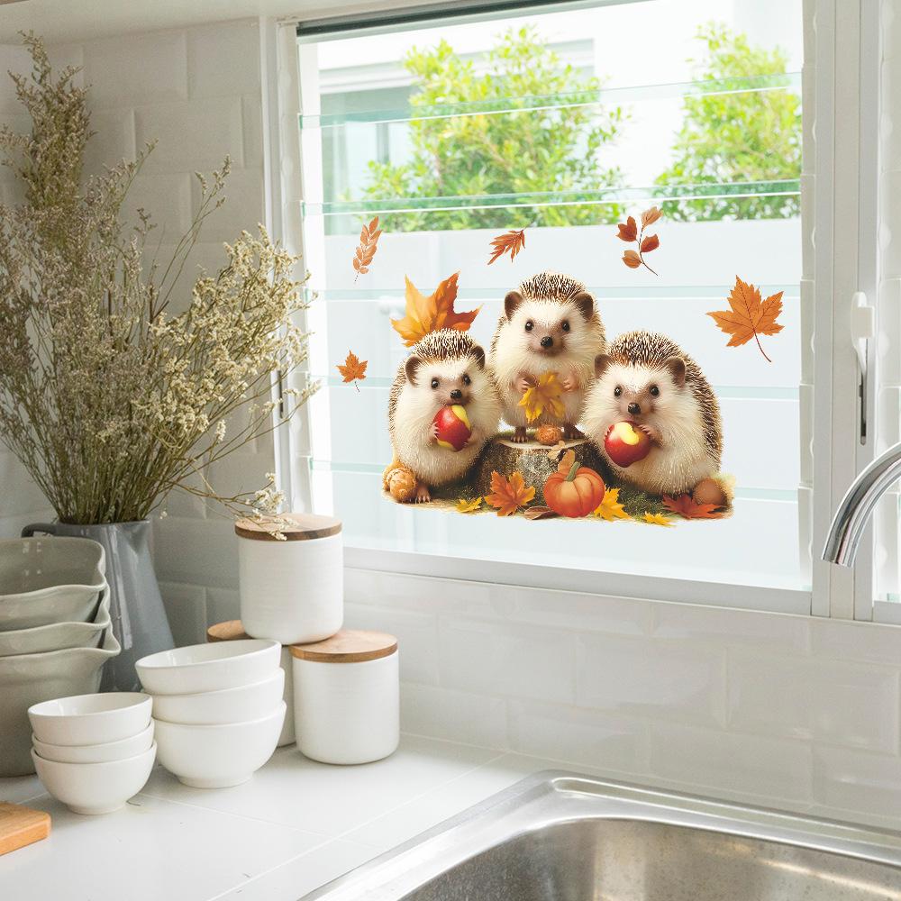 Милый ежик, едящий яблоки, осенние опавшие листья, наклейки для украшения стеклянного окна дома