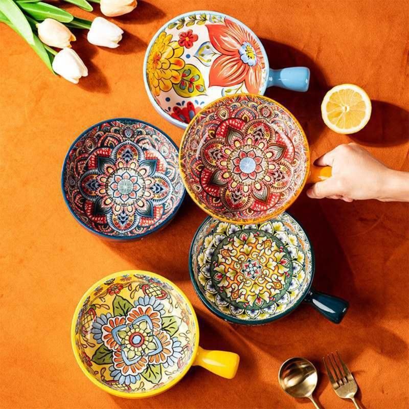 Bohemians Ceramic Handled Soup Bowl Serving Bowl Suitable for Oven and Microwave Safe Use Easy Cleaning Dishwasher Safe