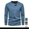 Футболка с воротником Henley, 100% хлопок, мужская повседневная однотонная футболка с длинными рукавами, мужские новые осенние мужские футболки высокого качества