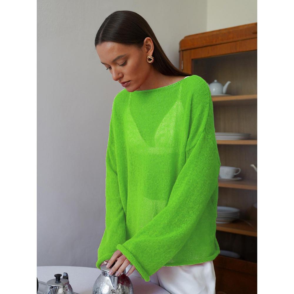 Трансграничная футболка с вырезами Новая женская перспективная тонкая трикотажная футболка с большим круглым вырезом и рукавами-фонариками