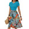 Women's Casual Fashion Belted Floral Print Short Sleeve Round Neck Elegant Dress