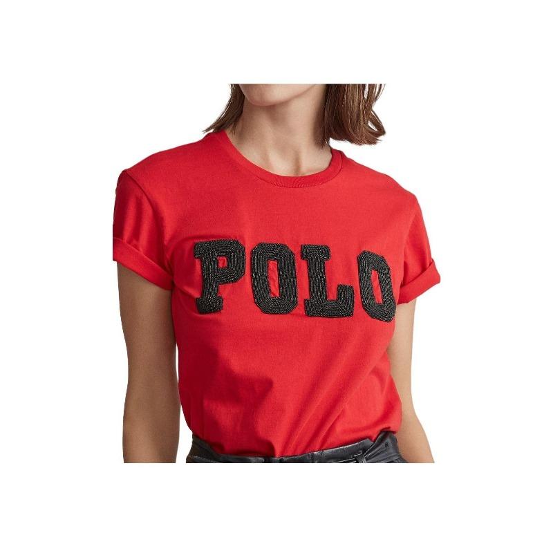 Ralph Lauren Женская хлопковая футболка с круглым вырезом и коротким рукавом, с буквенным узором, красная, больших размеров 211763498-003