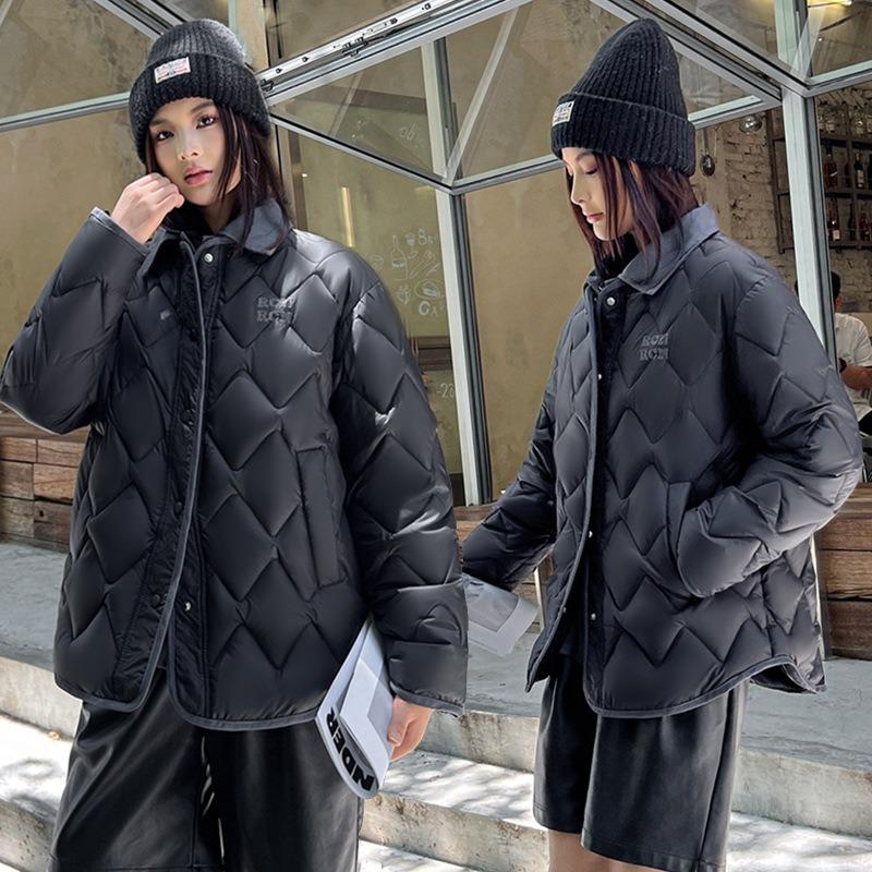Новая короткая пуховая хлопковая куртка женская контрастных цветов с лацканами и ромбовидной стежкой, легкая и свободная хлопковая куртка