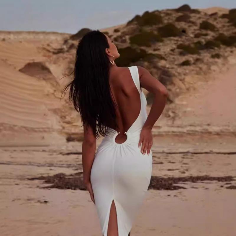 Женское белое облегающее платье без рукавов, летнее сексуальное облегающее коктейльное и вечернее платье с V-образным вырезом и разрезом на спине