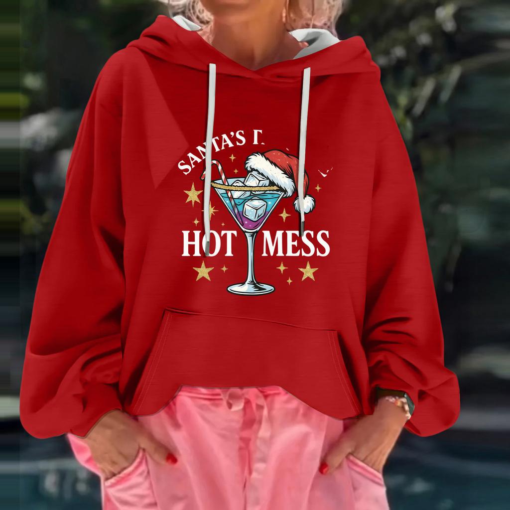 Women's Christmas Print Loose Casual Long Sleeve Hooded Sweatshirt