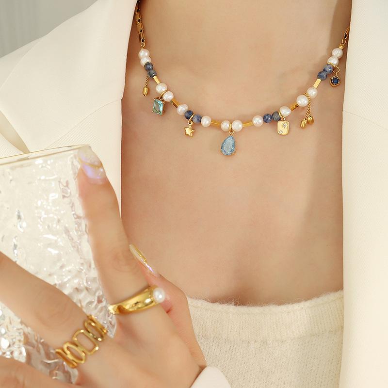 Ожерелье из пресноводного жемчуга и бусин из натурального камня для женщин, цепочка из нержавеющей стали с позолотой 18 карат, ожерелье-чокер с подвесками