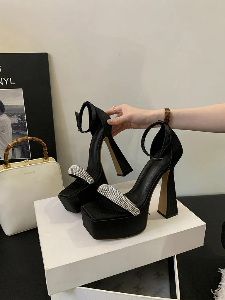 Fashion Sexy Peep Toe One Word Diamond Thick High Heel Party Shoes 2024 New Platform Ankle Buckle Cover Heeled Womens Sandals Black