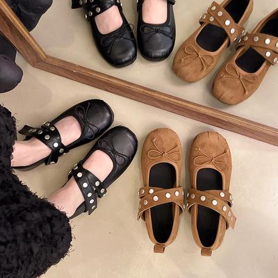 Версия из овчины~ балетки с заклепкой-бантом, плоская подошва, внутренняя высота, одинарная обувь, женские туфли Мэри Джейн с мелким вырезом