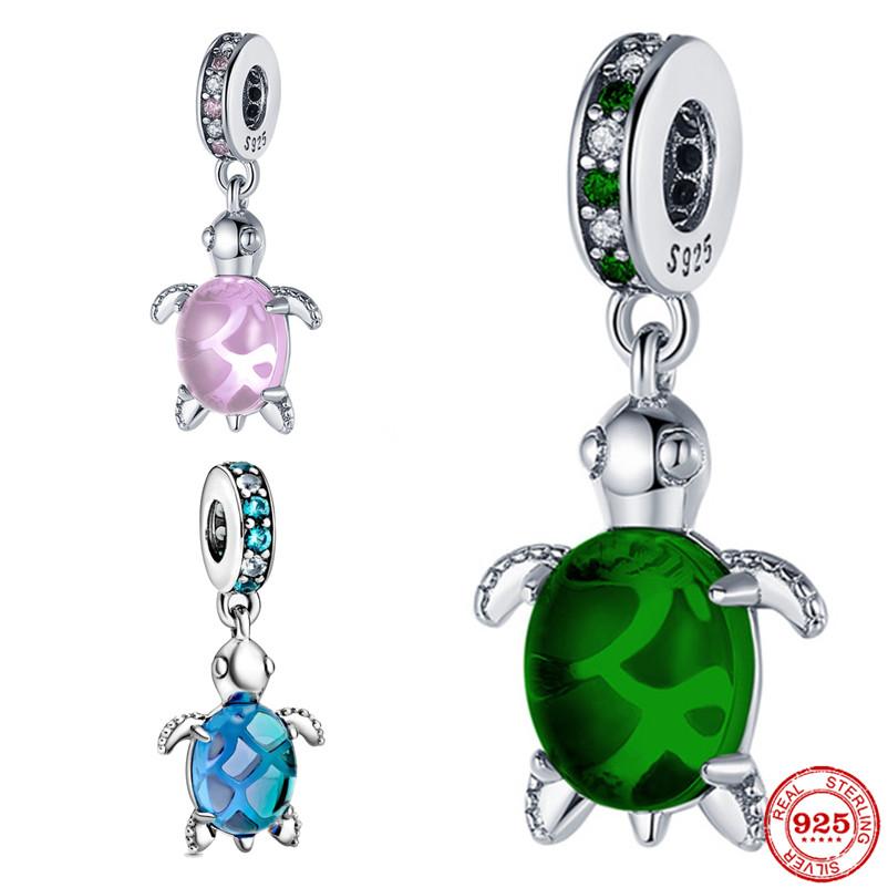 New 925 Sterling Silver Blue Green Pink Tortoise Dangle Charm Bead Fit Original Bracelet Pendant DIY Jewelry For Women