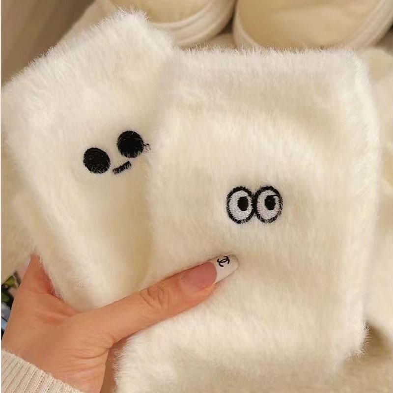 Women Funny Socks White Winter Warm Socks Smile Cute Kawaii Anime Floor Socks Lolita Y2k Thicken Fuzzy Socks