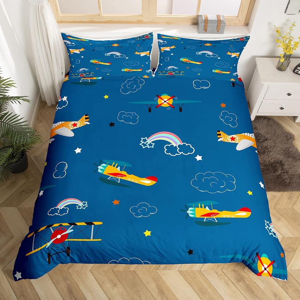Пододеяльник с изображением мультяшного самолета для мальчиков и детей, радуга, облака, звездное небо, комплект постельного белья для малышей, самолеты, милый белый полиэстер, пододеяльник