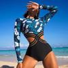 Bikini Women's One-piece Swimsuit Digital Printing Long-sleeved Sunscreen High-waisted Swimsuit