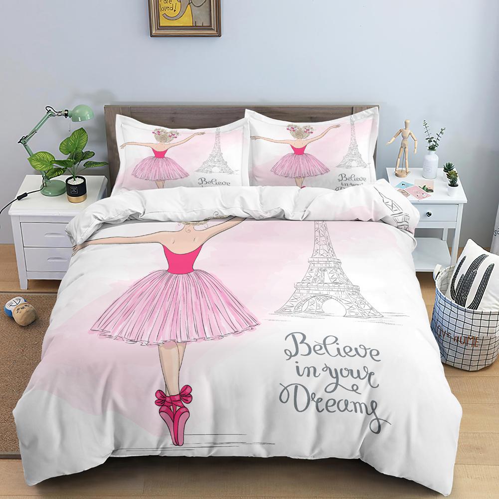 Ballet Dancer Girl Duvet Cover Set White Princess Bedding Set Cute Cartoon Bedclothes Queen King Size Polyester Comforter Cover