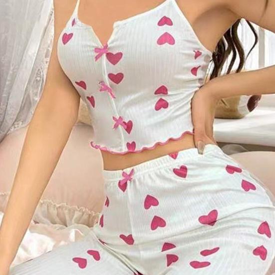 2 шт./комплект женский жилет брюки костюм бант сердечко принт без рукавов сборка кант топ сетчатые лоскутные брюки домашняя одежда одежда для сна наряд летняя одежда для отдыха