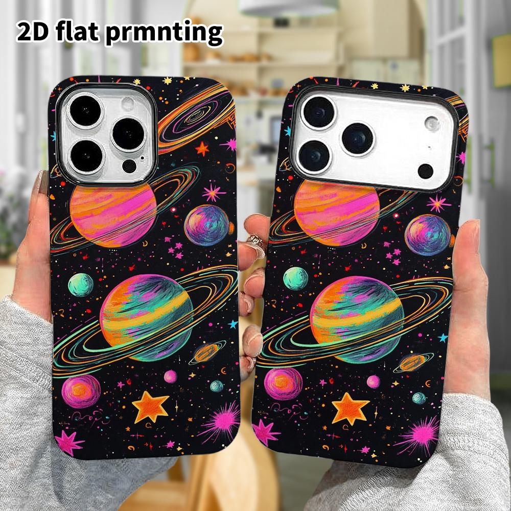 Phone Case: 2D flat design suitable for iPhone 18, 17, 16, 15, 14, 13 Pro film protective case, couple style, colorful planets, Christmas and Hallowee