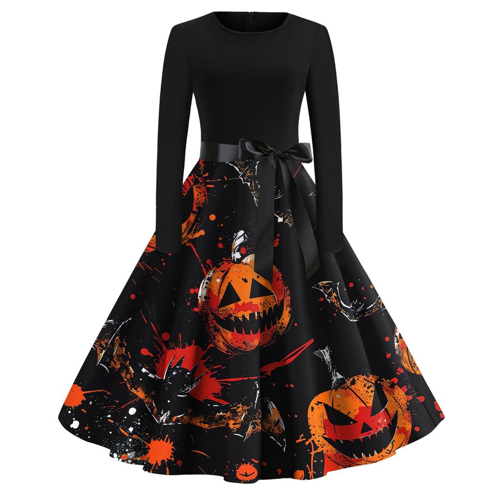 Платье-клеш с принтом на Хэллоуин для женщин с длинным рукавом, повседневные платья с круглым вырезом и ажурной отделкой