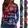 Women's Fashion Casual Slit Hem Round Neck Long Sleeve Loose Christmas Printed T-Shirt Ladies Top