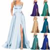 Women's Long Dresses  Backless Long Dresses Satin Strap Party  Dress Side Slit Wedding Pockets Dress