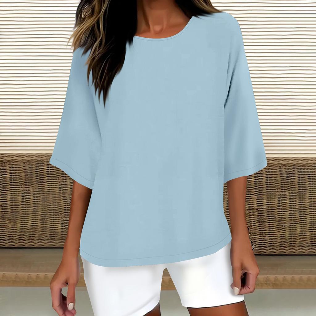 Женская модная однотонная повседневная футболка с рукавом семь восьмых и круглым вырезом, хлопковый топ