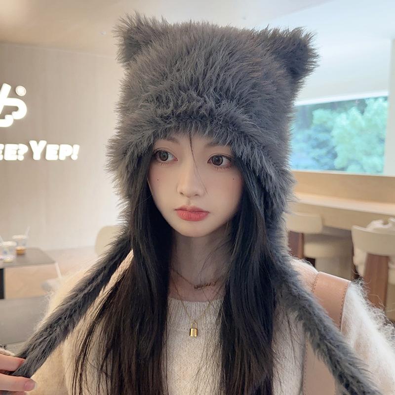 Autumn And Winter New Cute Plush Bear Hat Thick And Warm Imitation Rabbit Hair Windproof Ear Protection Cap