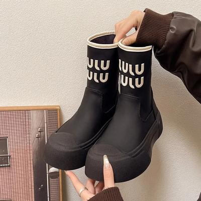 Модные женские модные ботинки с круглым носком, дождевые, с плоским рукавом, противоскользящая резиновая подошва, женские ботильоны средней длины, весна-осень, новинка 2024 г.