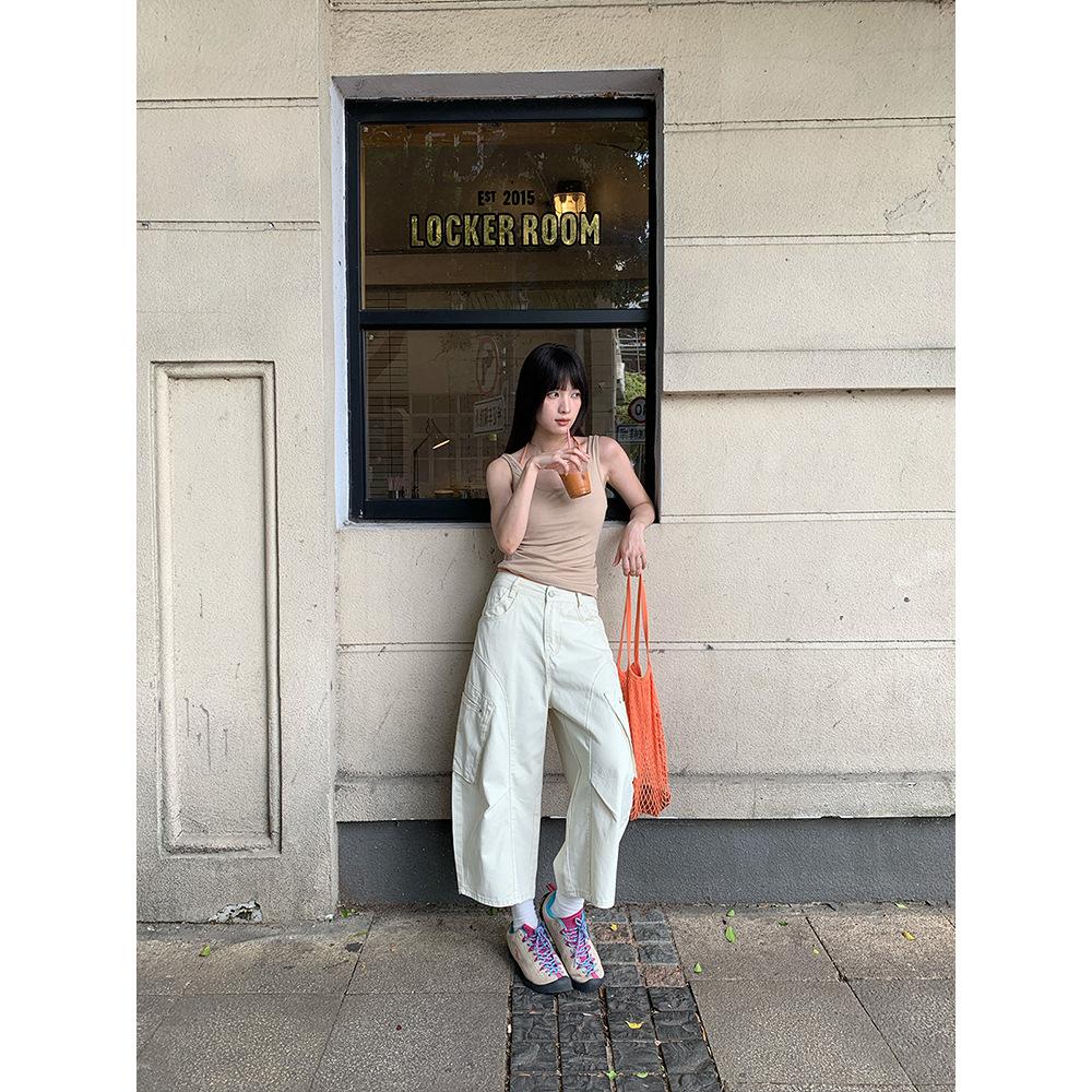 Eight-point tooling wide-leg jeans women's summer loose and thin multi-pocket American scimitar pants 8101