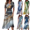 Ladies Casual Fashion Gradient Print V-Neck Short Sleeve Waist Long Swing Dress