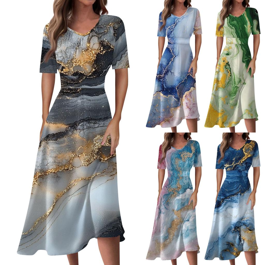Ladies Casual Fashion Gradient Print V-Neck Short Sleeve Waist Long Swing Dress
