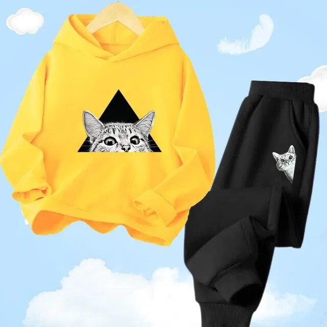 Толстовка с капюшоном + брюки для мальчиков, повседневный спортивный осенне-зимний комплект, детский комплект одежды с принтом кота и мультяшным животным