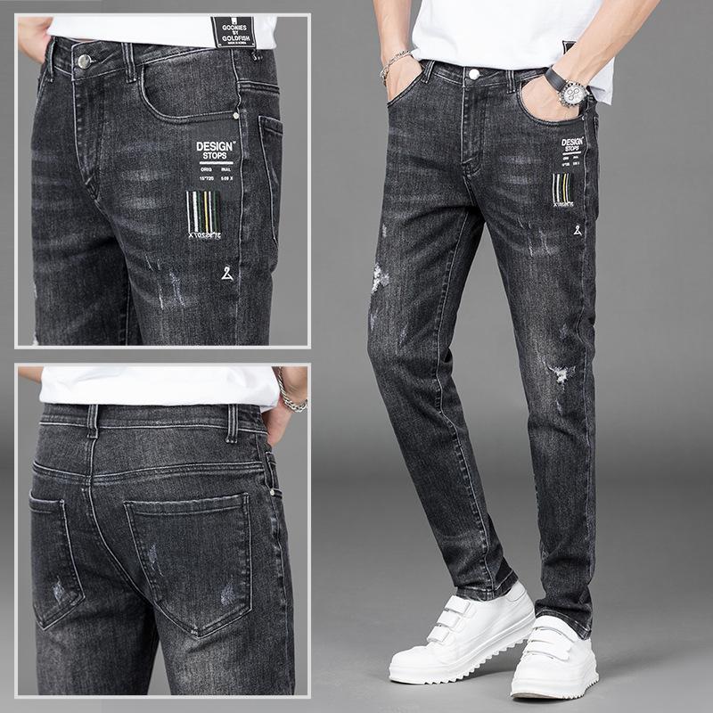 Thin New Jeans Black Men's Trousers Broken Jeans Trend Casual Trousers