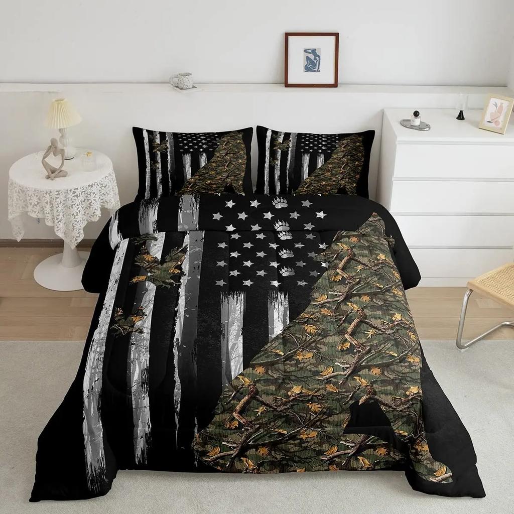 Grey Camo Comforter Bedding Set Full Size, Camouflage Army Design Bedding Collections For Kid Boy, Soft All-Season Bed Set