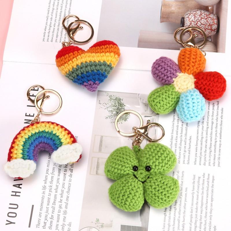 Handmaking Crochet Rainbow Keyrings For Gifts Knitting Colorful Flower Pendant Crochet Keychains Custom Accessories