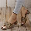 Fashion Thick Heel Cool Slippers Women's 42 Large Size Square Head Open-toed Leopard Print Mid-heel Shoes