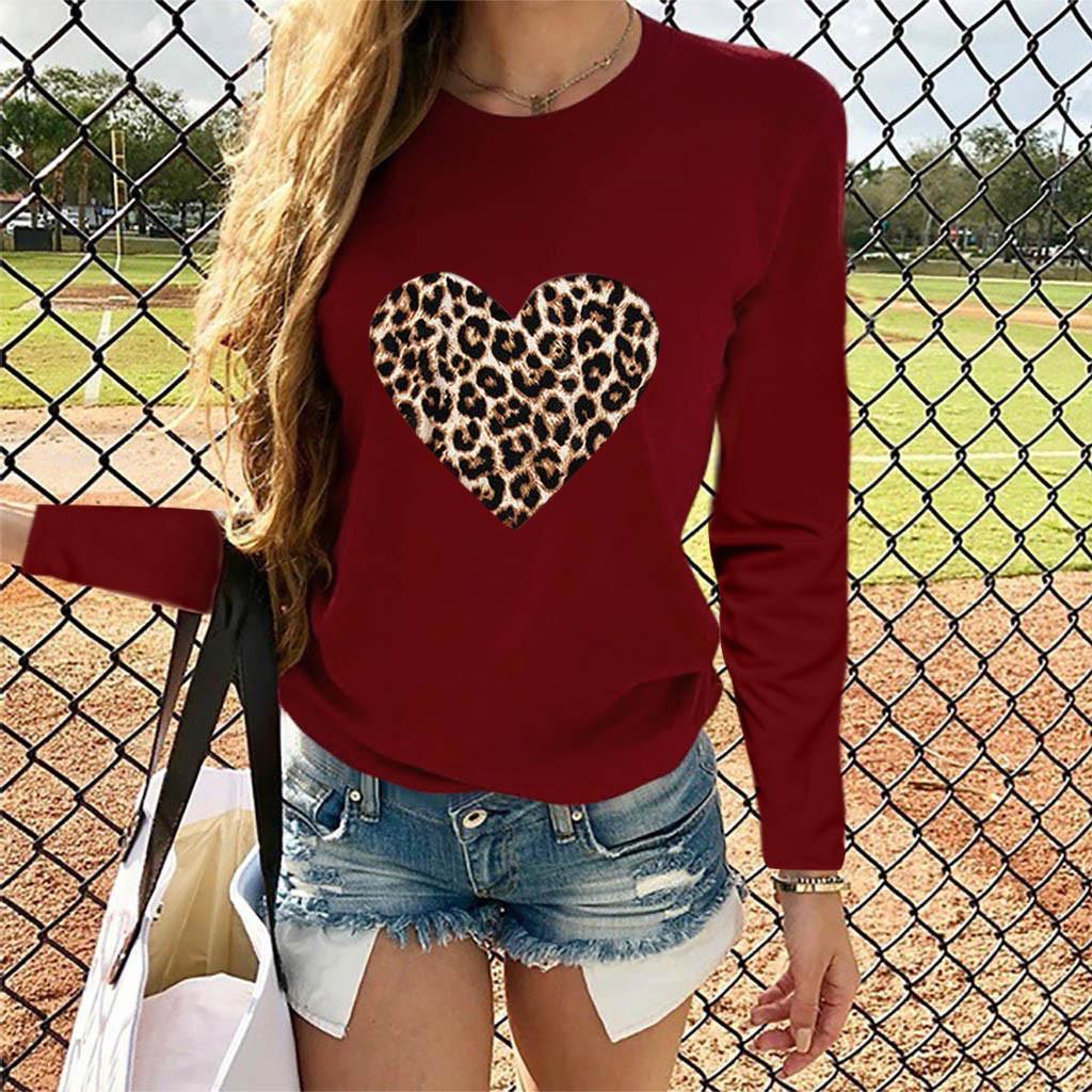 Women Casual Long Sleeve Leopard Print Heart-shaped Top