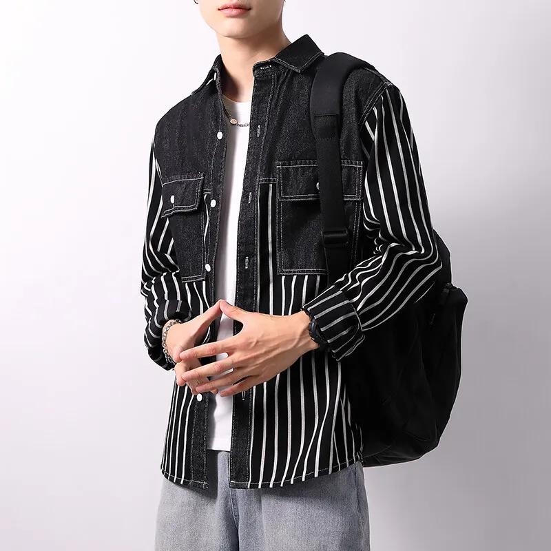 Весна Осень Мужская Мода Джинсовые Рубашки Мужские С Длинным Рукавом Повседневная Хлопковая Рубашка Мужские Полосатые Уличные Топы Отложной Воротник Блузка
